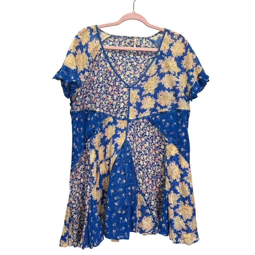 Free People Wildflower Patchwork Cotton Mini Blue Yellow Dress S